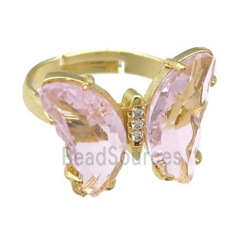 lt.pink Crystal Glass Butterfly Rings, gold plated