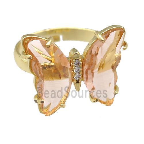 peach Crystal Glass Butterfly Rings, gold plated