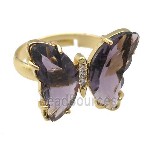 purple Crystal Glass Butterfly Rings, gold plated