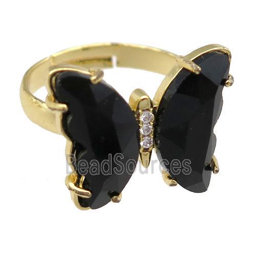 black Crystal Glass Butterfly Rings, gold plated