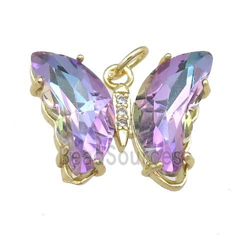 mauve Crystal Glass Butterfly Pendant, gold plated