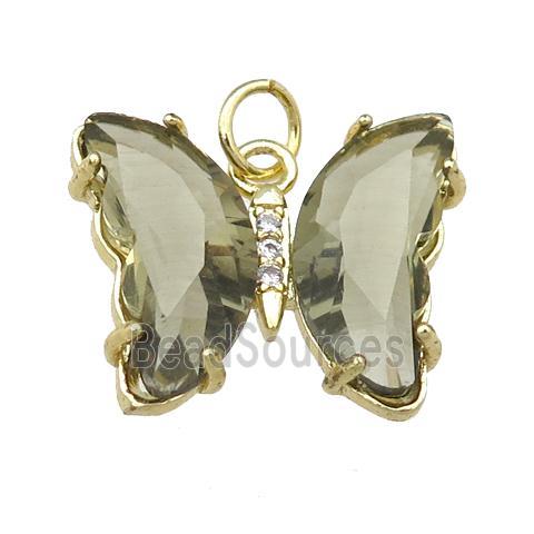 smoky Crystal Glass Butterfly Pendant, gold plated