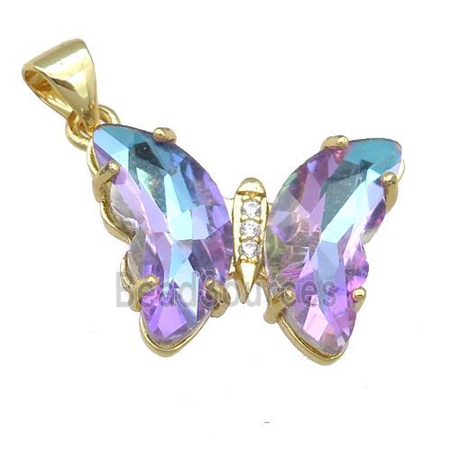 mauve Crystal Glass Butterfly Pendant, gold plated