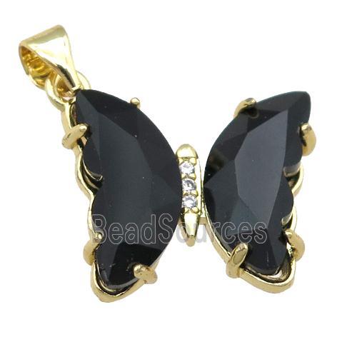 black Crystal Glass Butterfly Pendant, gold plated