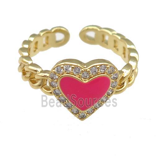 copper Rings with pink enamel heart, adjustable, gold plated