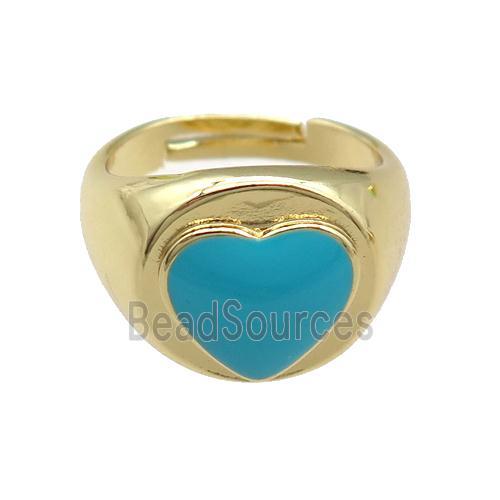 copper Rings with blue enamel heart, adjustable, gold plated