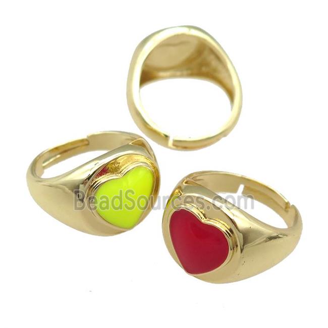 copper Rings with enamel heart, adjustable, gold plated, mixed