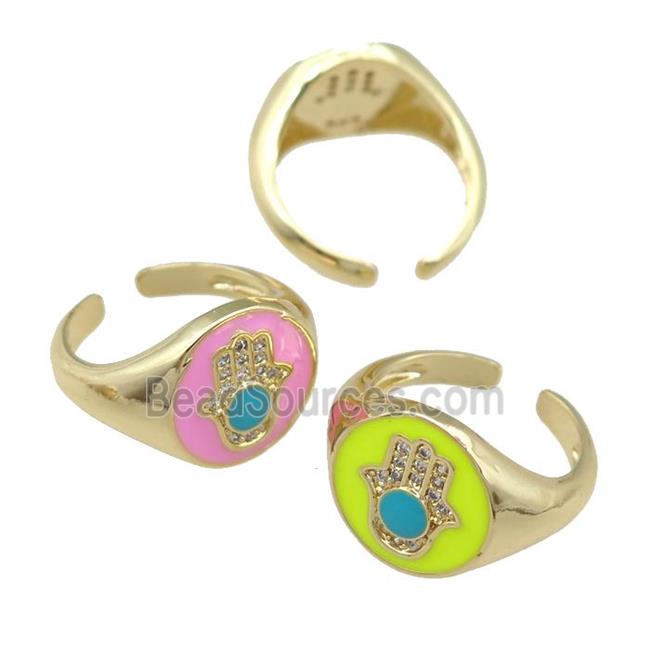 copper Rings with enamel hand, adjustable, gold plated, mixed