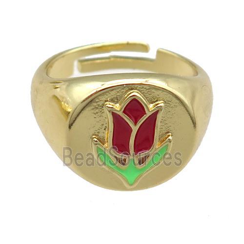 copper Rings with enamel lotus, adjustable, gold plated