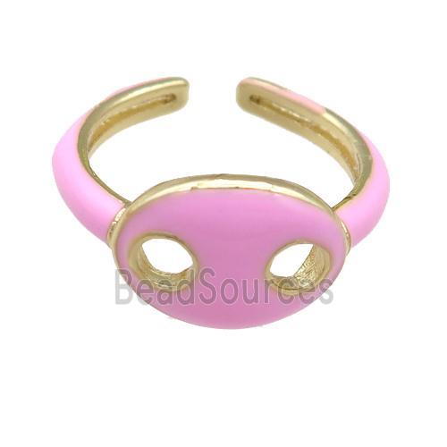 copper Rings with pink enamel pignose, adjustable, gold plated