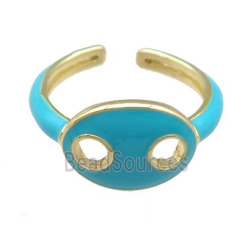 copper Rings with teal enamel pignose, adjustable, gold plated