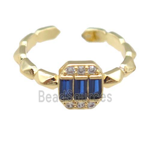 copper Rings pave blue zircon, gold plated, adjustable