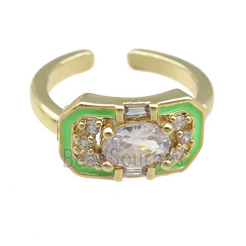 copper Rings pave zircon with green enamel, gold plated, adjustable