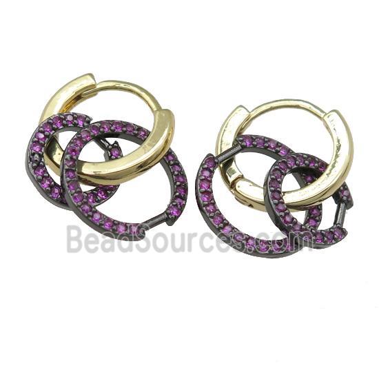 copper hoop Earring with circle pave hotpink zircon, gold plated