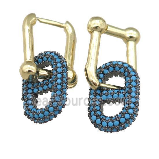 copper Latchback Earrring with oval pave turq zircon, gold plated