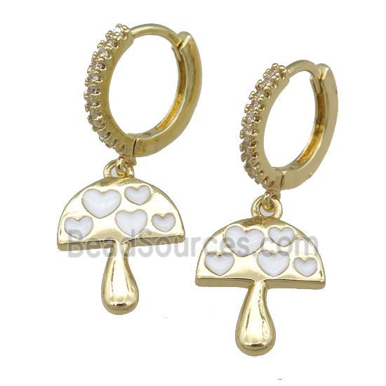 copper hoop Earring with white enamel mushroom, gold plated