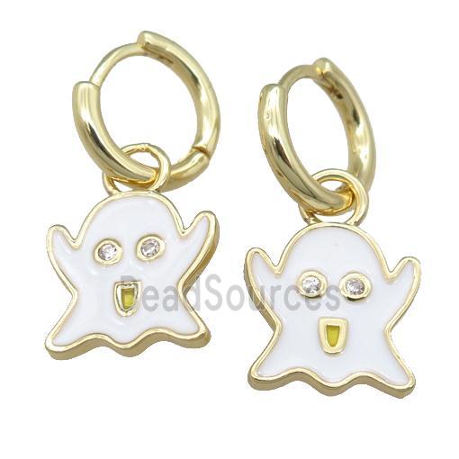 copper Hoop Earrings with white Enamel Ghost, gold plated