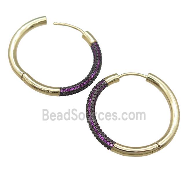 copper Hoop Earrings pave hotpink zircon, gold plated