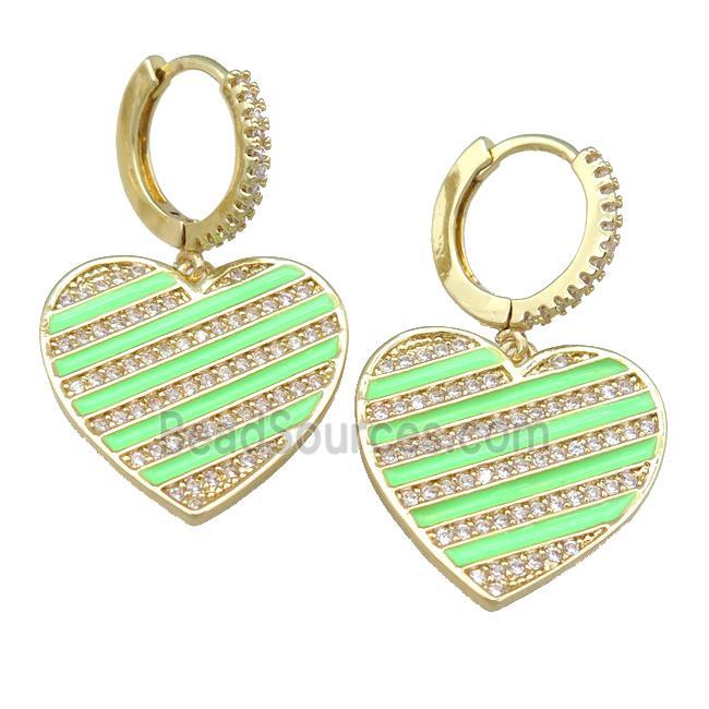 copper Hoop Earring with green Enamel Heart, gold plated