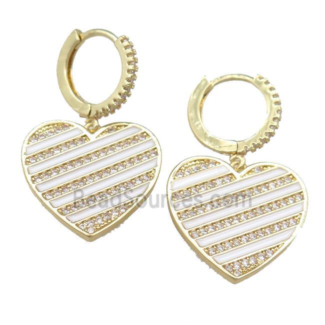 copper Hoop Earring with white Enamel Heart, gold plated