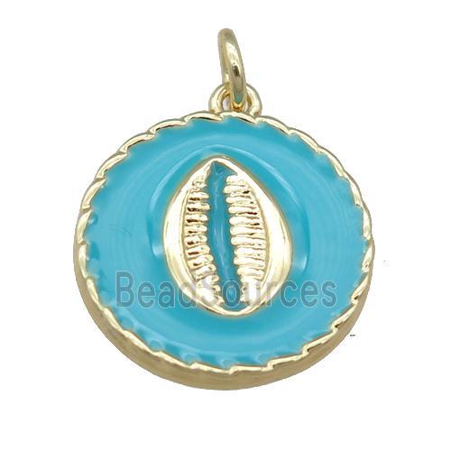 copper circle pendant with teal enamel, mouth, gold plated