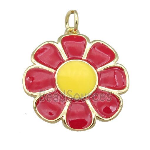 copper Sunflower pendant with red enamel, gold plated