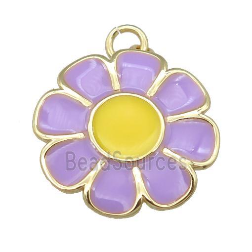 copper Sunflower pendant with lavender enamel, gold plated