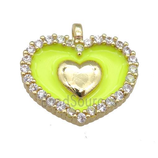 copper heart pendant pave zircon with yellow enamel, gold plated