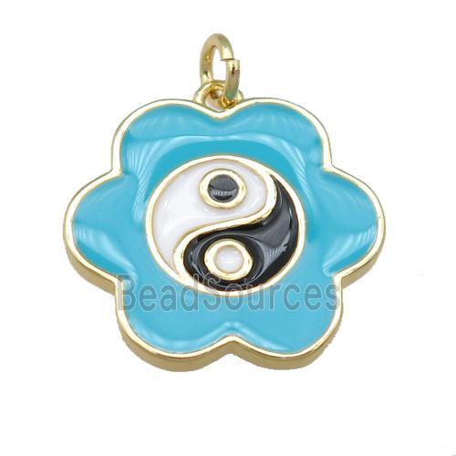 copper teal Enamel Taichi pendant, flower, gold plated