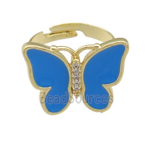 copper butterfly Rings with blue enamel, adjustable, gold plated