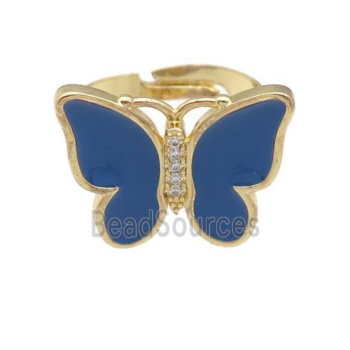 copper butterfly Rings with dp.blue enamel, adjustable, gold plated