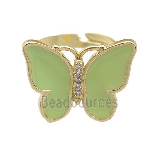 copper butterfly Rings with lt.green enamel, adjustable, gold plated