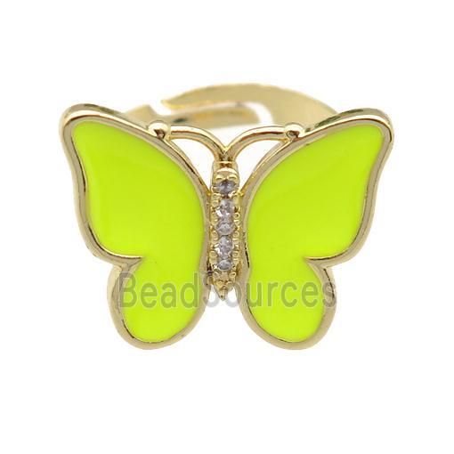 copper butterfly Rings with nenoyellow enamel, adjustable, gold plated