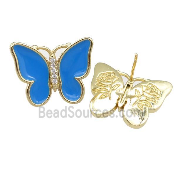 copper butterfly Stud Earring with blue enamel, gold plated