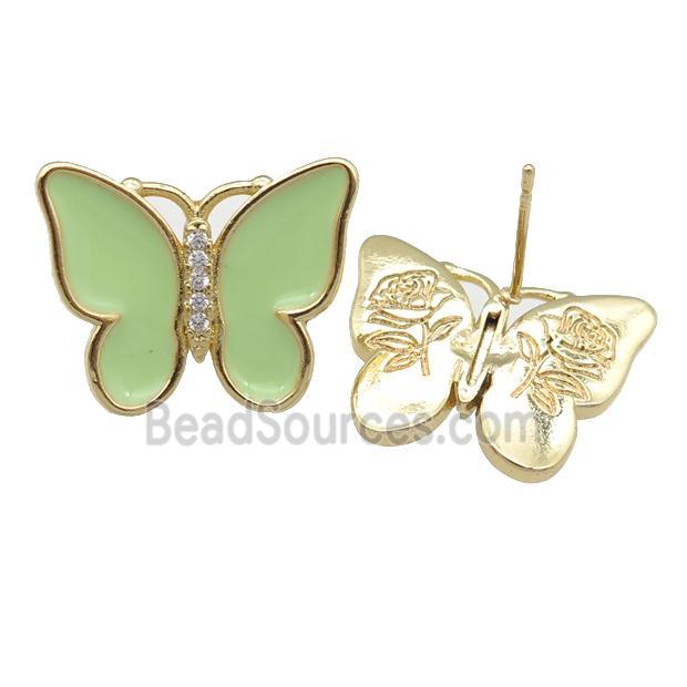 copper butterfly Stud Earring with applegreen enamel, gold plated