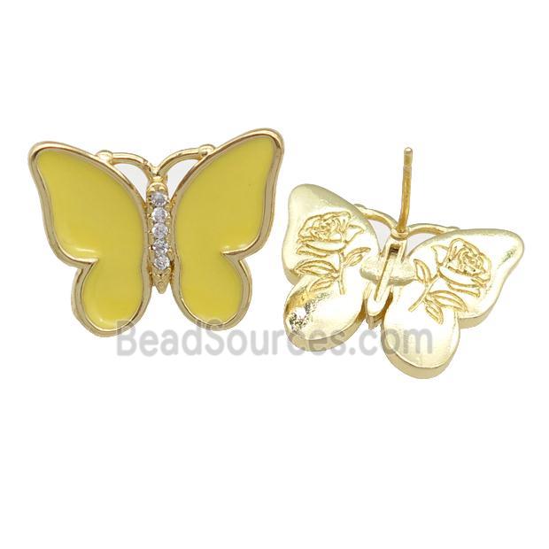 copper butterfly Stud Earring with yellow enamel, gold plated