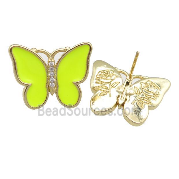 copper butterfly Stud Earring with nenoyellow enamel, gold plated