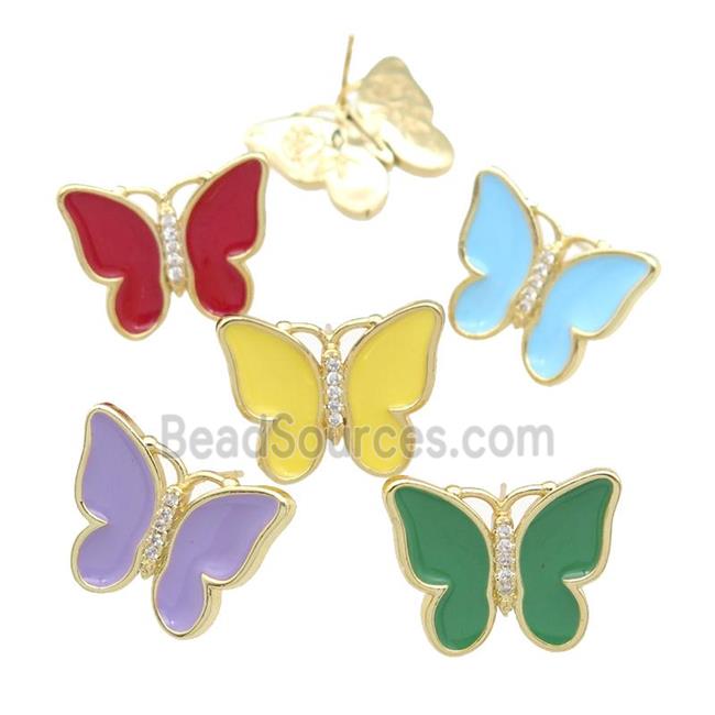 copper butterfly Stud Earring with enamel, gold plated, mixed