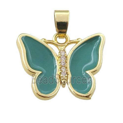 copper butterfly pendant with green enamel, gold plated