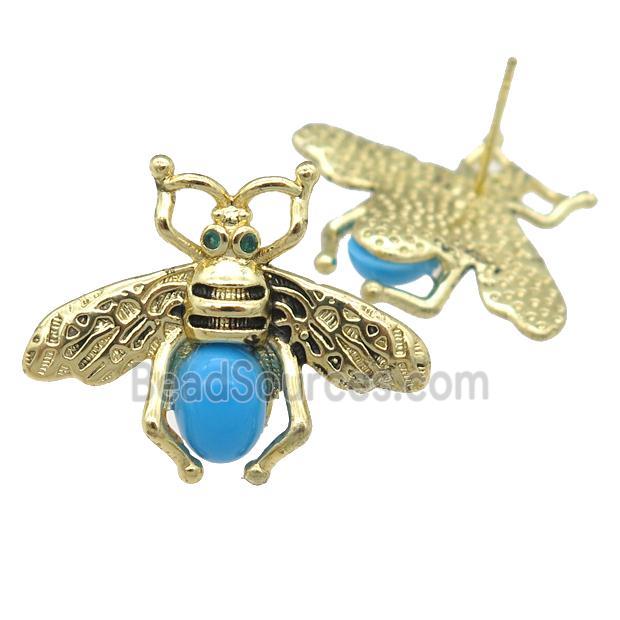 copper honeybee Stud Earring with turqblue cats eye stone, antique gold