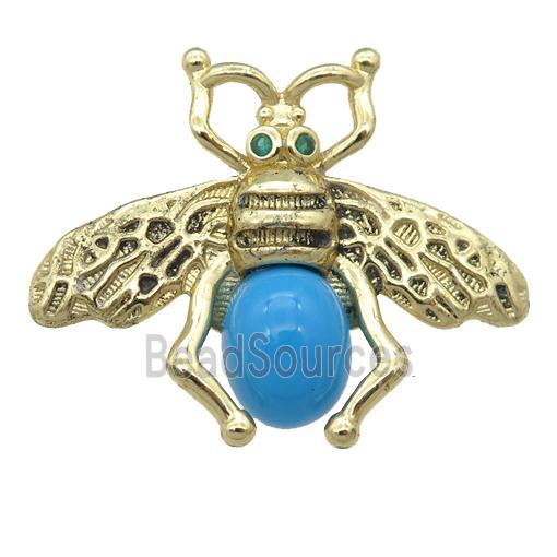 copper honeybee Connector with turqblue cats eye stone, antique gold