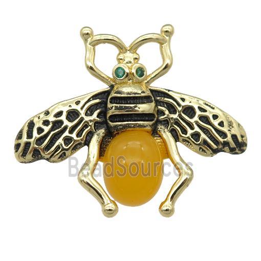 copper honeybee Connector with yellow cats eye stone, antique gold