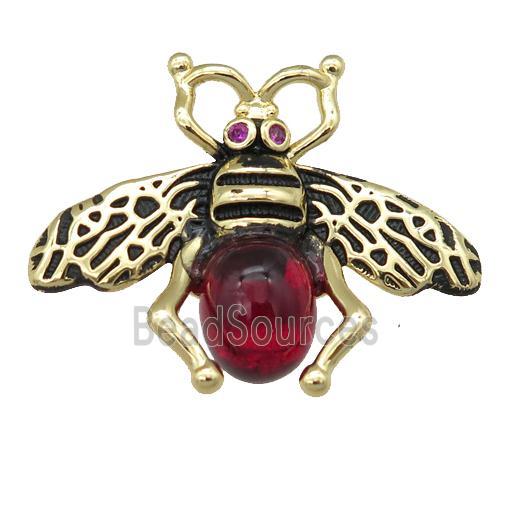 copper honeybee Connector with red cats eye stone, antique gold