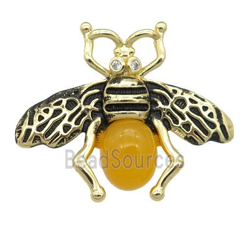 copper honeybee Connector with yellow cats eye stone, antique gold