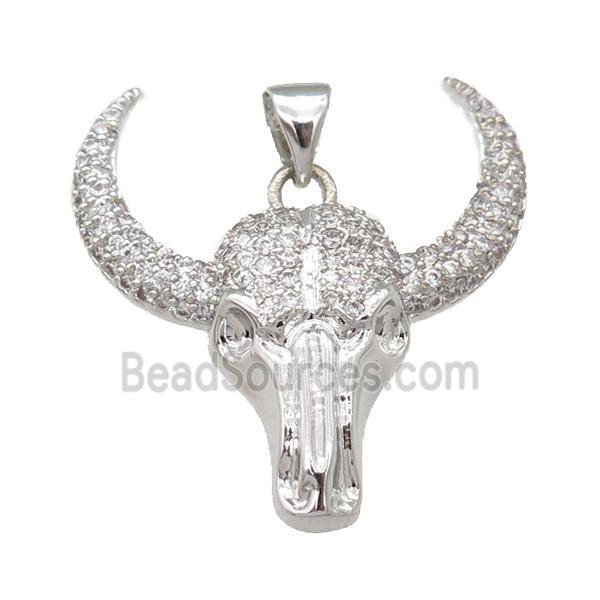 copper bullHead pendant pave zircon, platinum plated