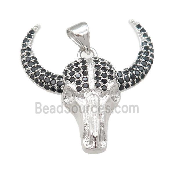 copper bullHead pendant pave zircon, platinum plated