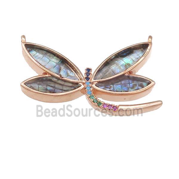 copper Dragonfly pendant pave zircon, abalone shell, rose gold