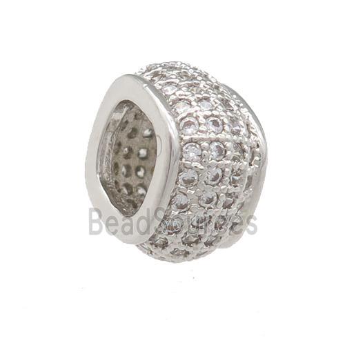 copper rondelle beads pave zircon, large hole, platinum plated