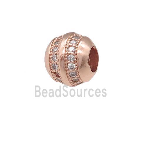 copper barrel beads pave zircon, large hole, rose gold