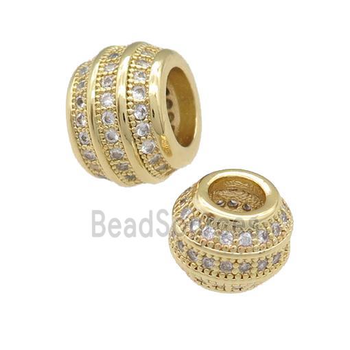 copper barrel beads pave zircon, large hole, gold plated